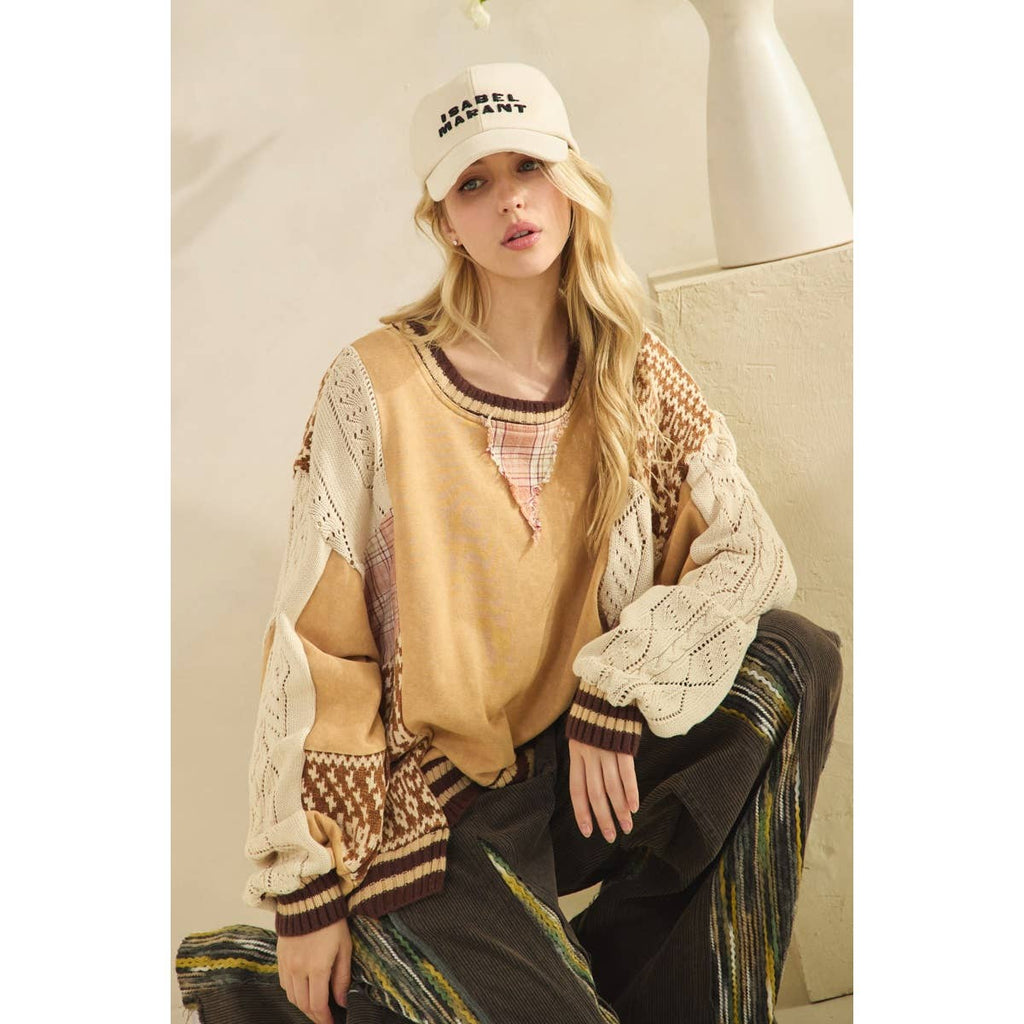 WASHED FABRIC MIX SWEATER TOP