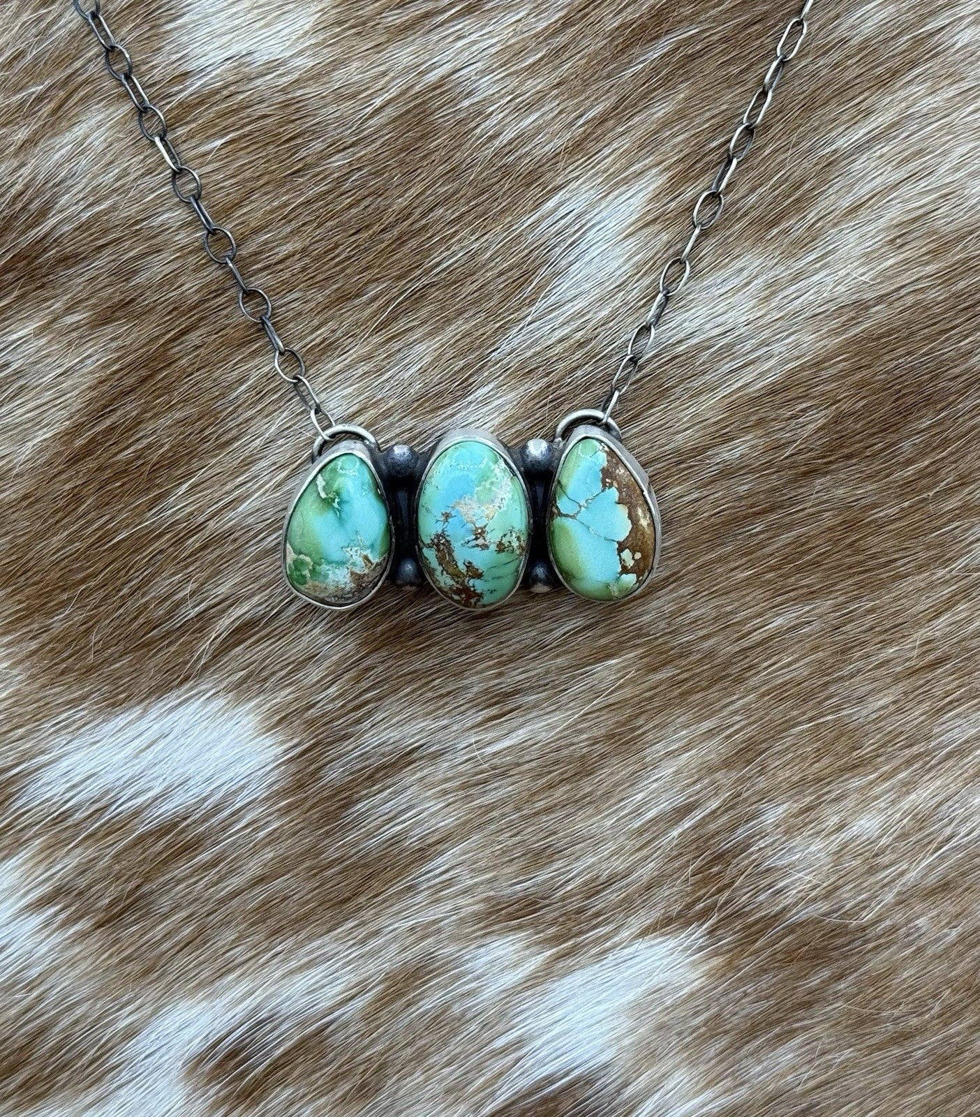 Navajo Handmade Sterling Silver Sonoran Gold Turquoise Cluster Bar Necklace 18”