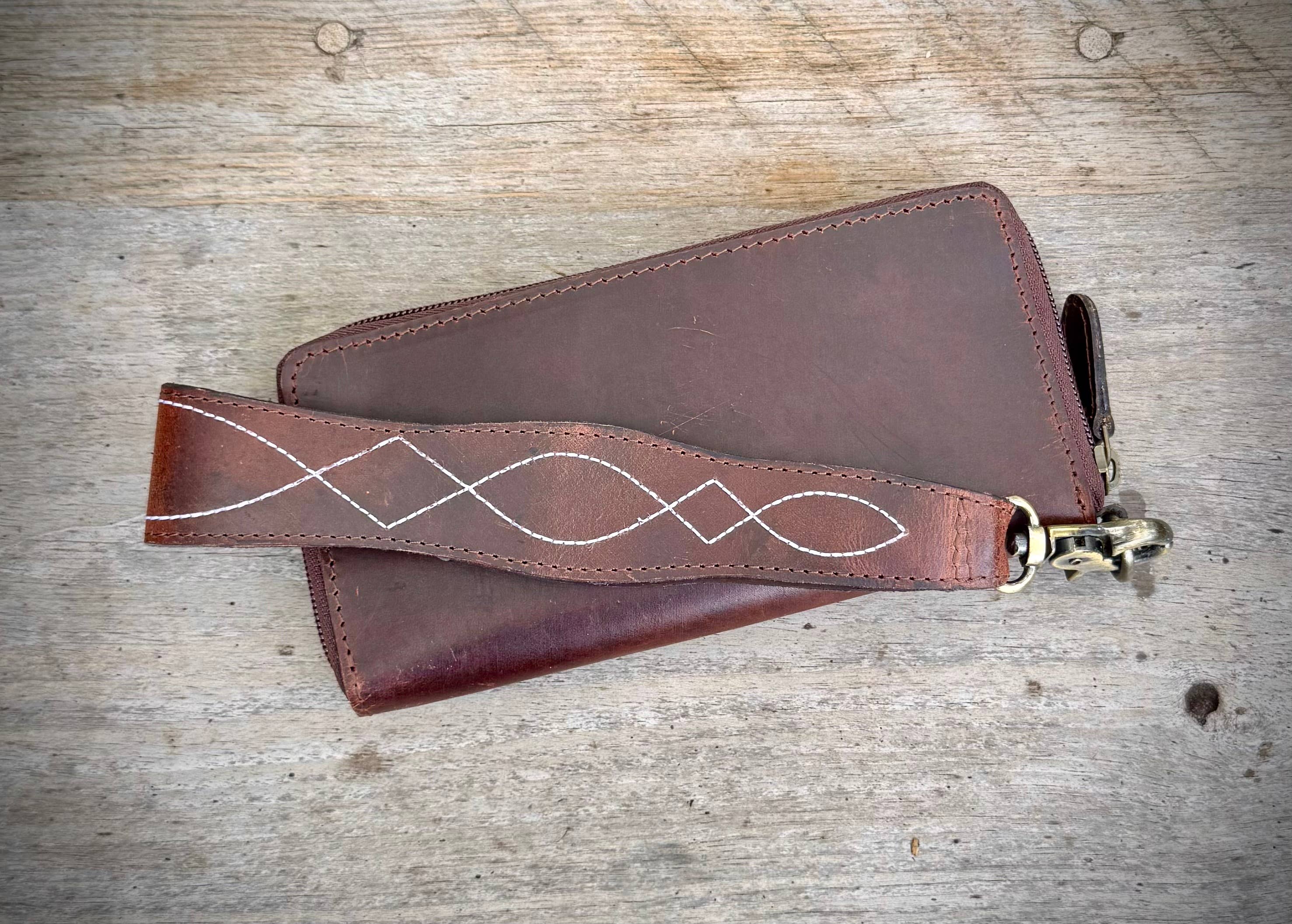Leather Boot Stitch Wallet Wristlet Zip Around Western 