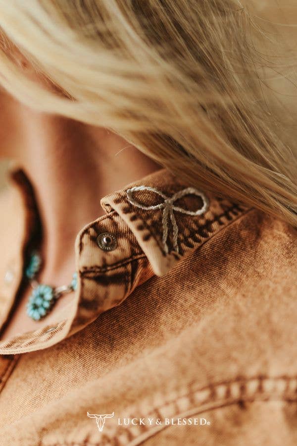 Camel Stretch Denim Pearl Cowgirl and Bow Embroidered Shirt