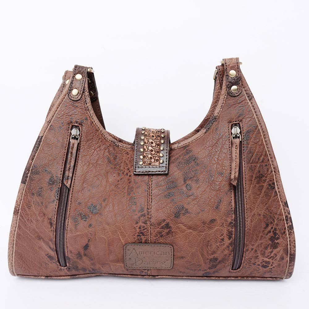 Tooled Leather Hair-On Hobo Bag with Turquoise Concho - Western Shoulder Purse