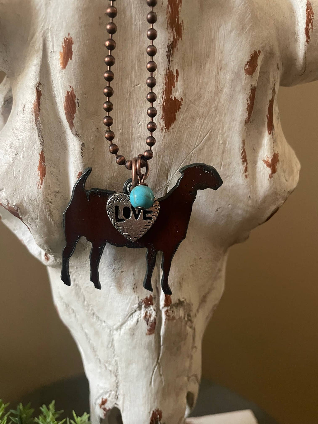Rustic Show GOAT necklace love heart charm and turq bead