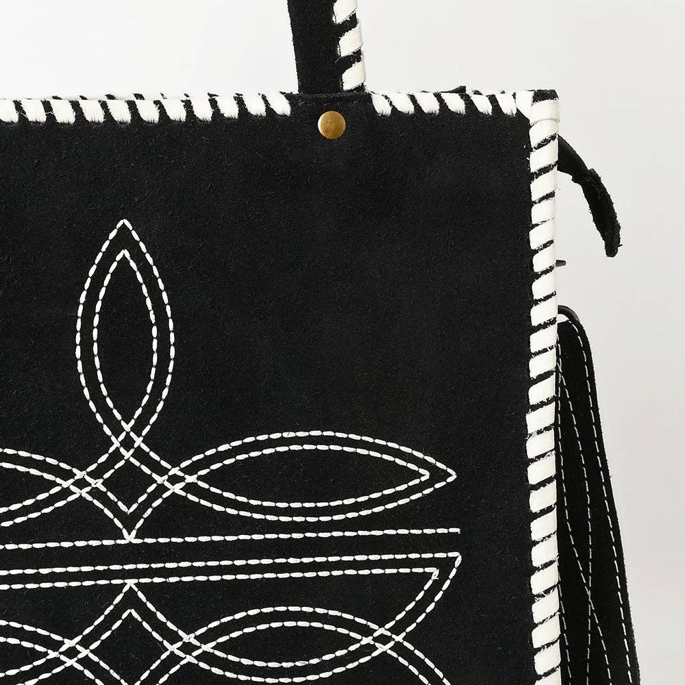 ADBG1590 American Darling Western Genuine Suede Leather Tote Bag with Braided Trim & Detailed Boot Stitching