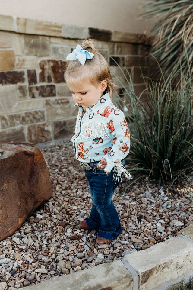 Blue Vintage Cowgirl Fringe Pearl Snap Onesie, 0-2T