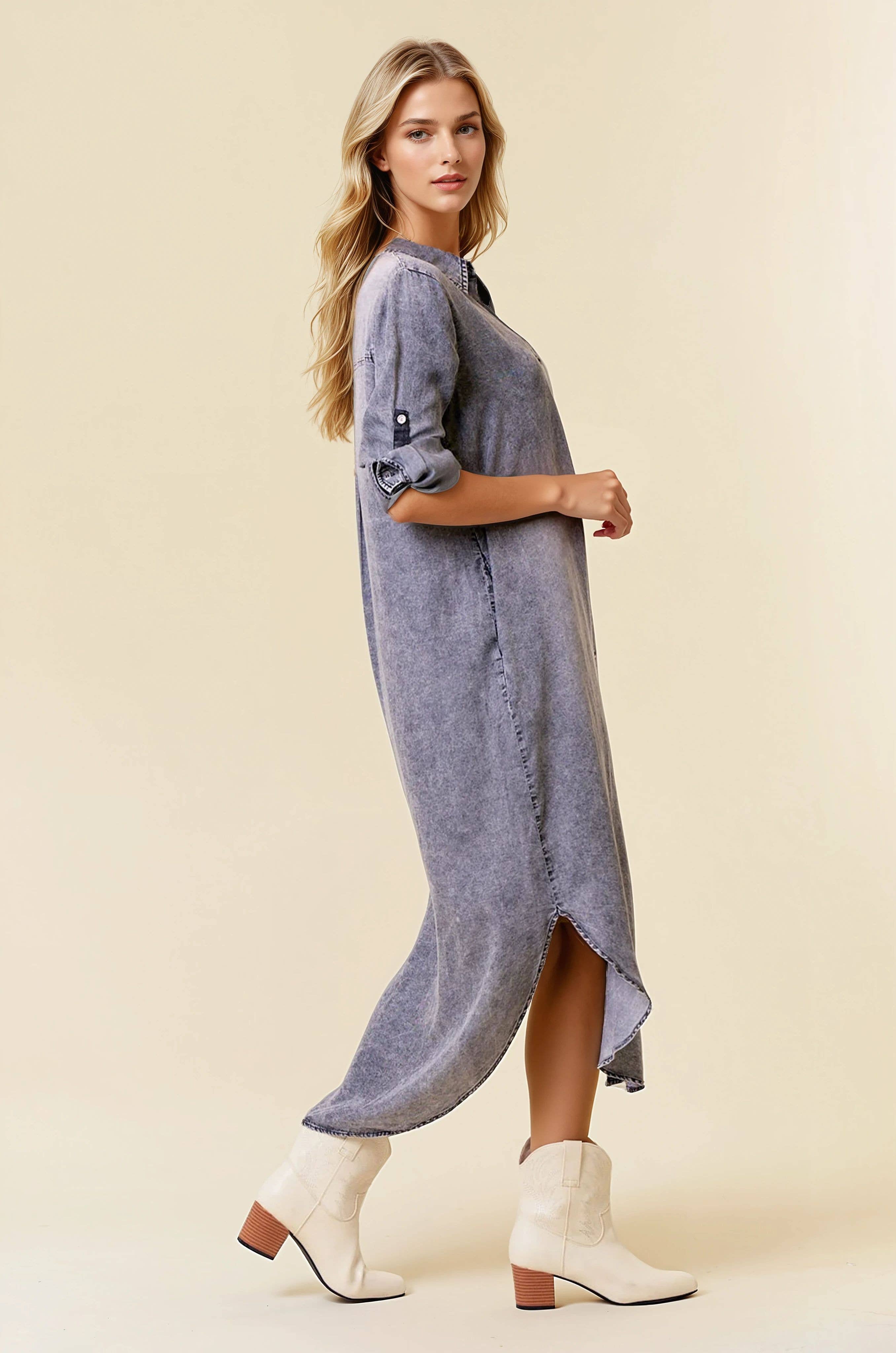 ROLL TAB 3/4 SLEEVE TENCEL DENIM SHIRT MIDI DRESS