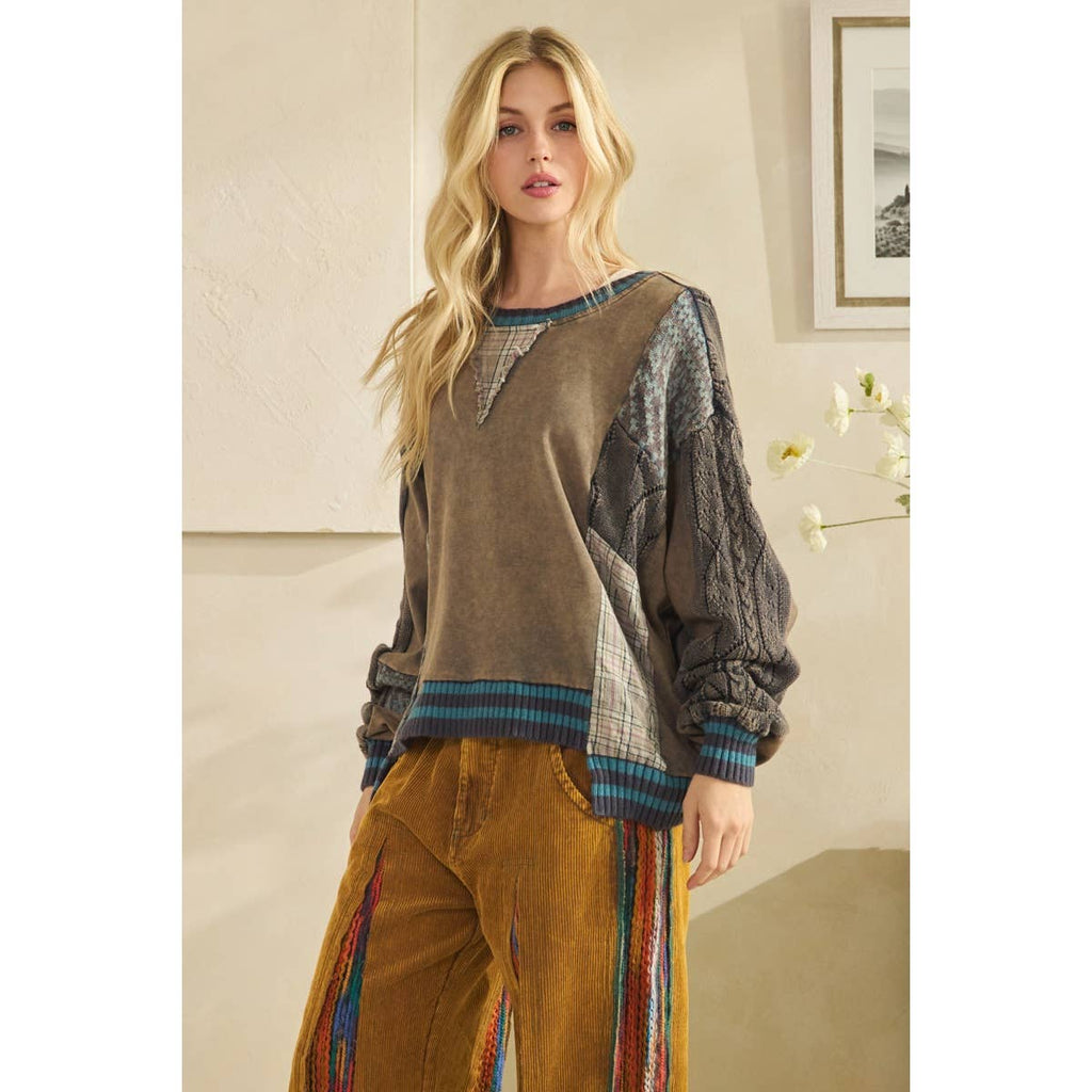 WASHED FABRIC MIX SWEATER TOP