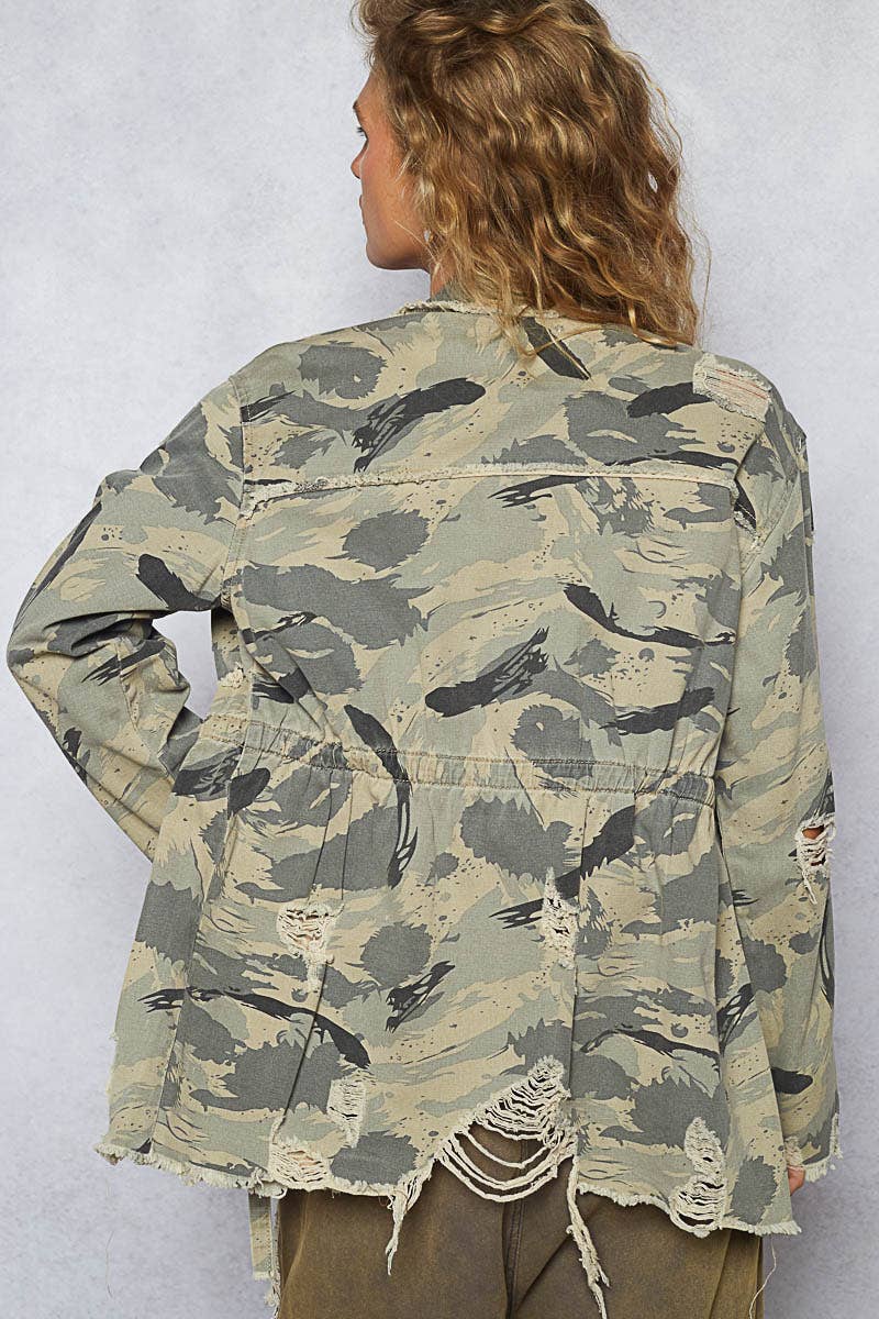 Zipper waist tie camo print jacket with pockets