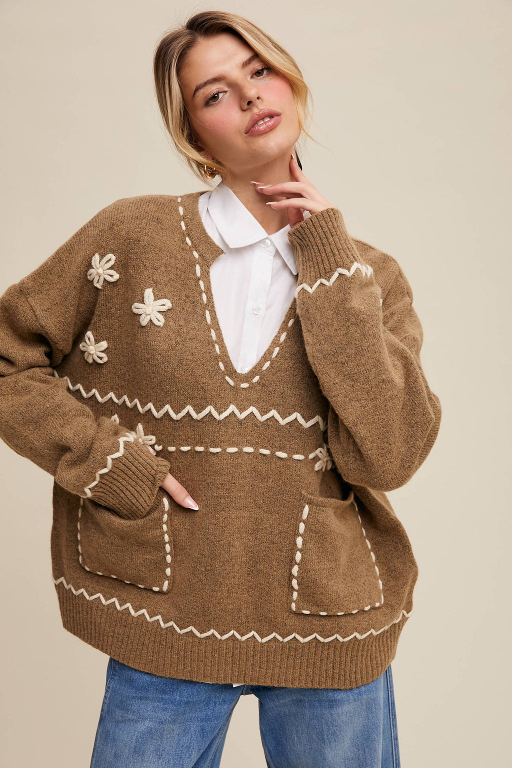 Floral Embroidered Knit Sweater