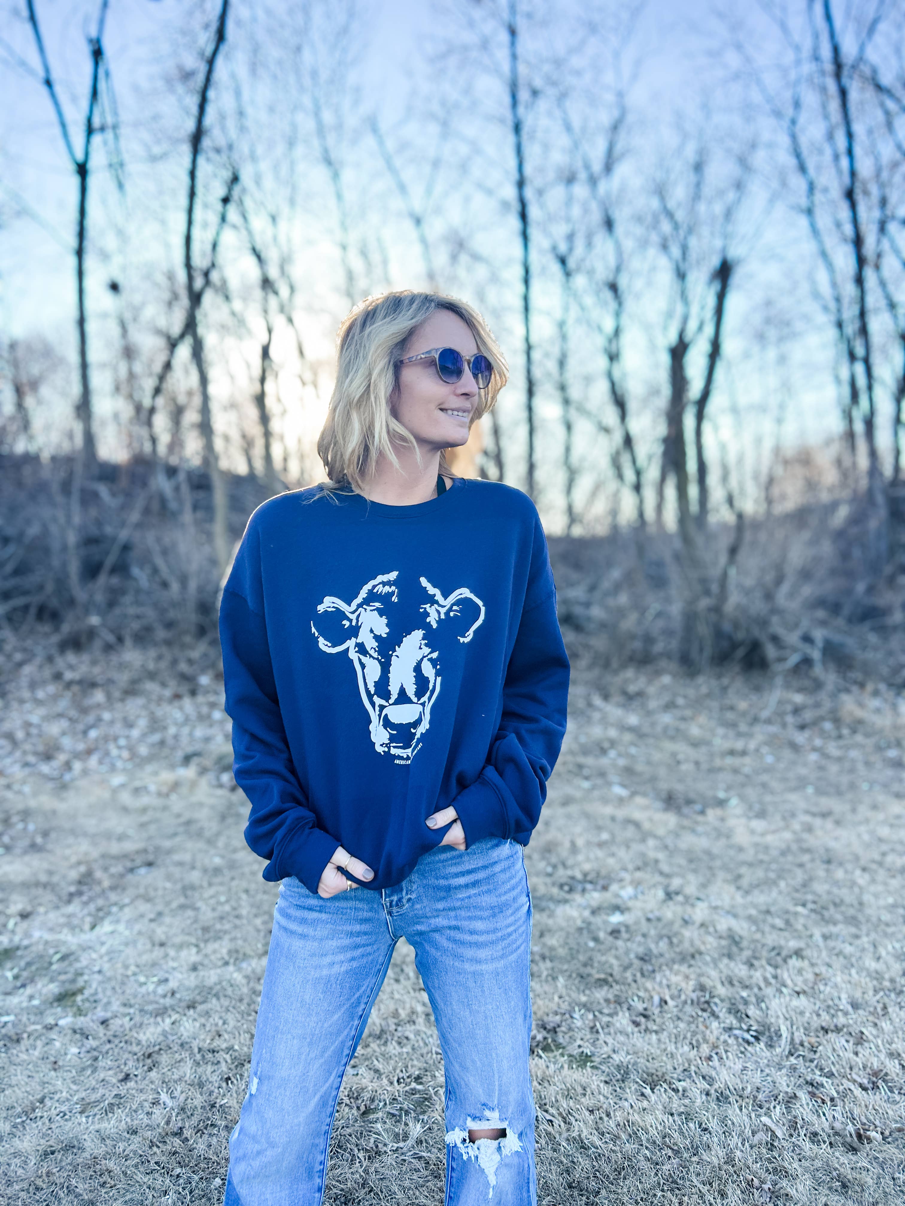 Western Watercolor Cow Navy Graphic Crewneck
