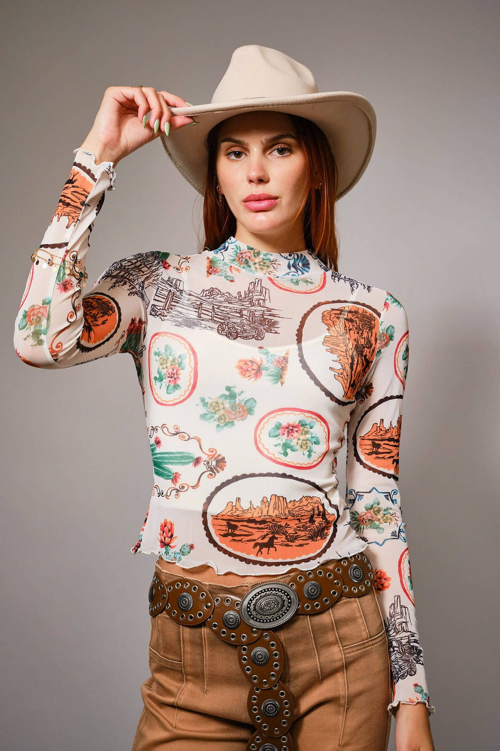 Western Motif Mesh Mock Neck Top