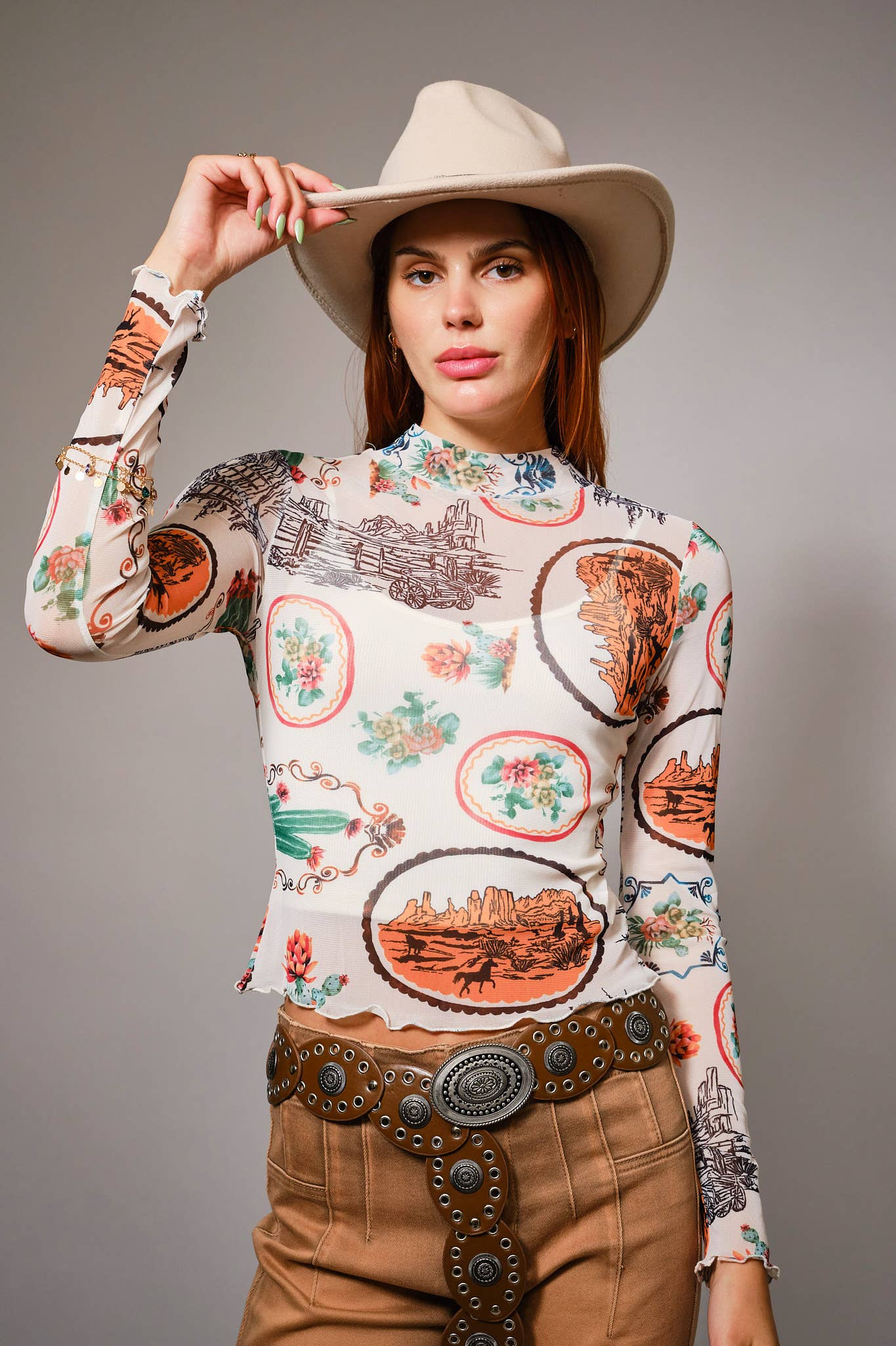 Western Motif Mesh Mock Neck Top
