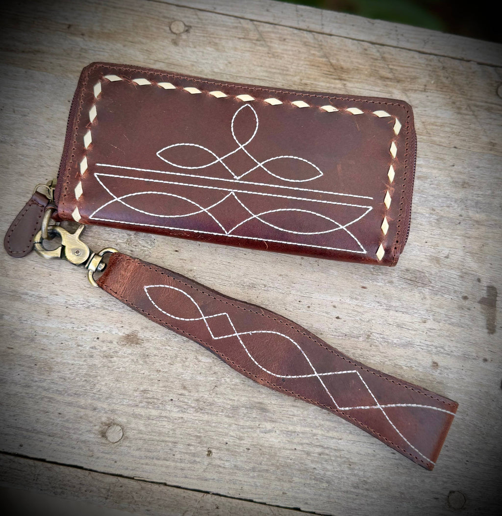 Leather Boot Stitch Wallet Wristlet Zip Around Western 