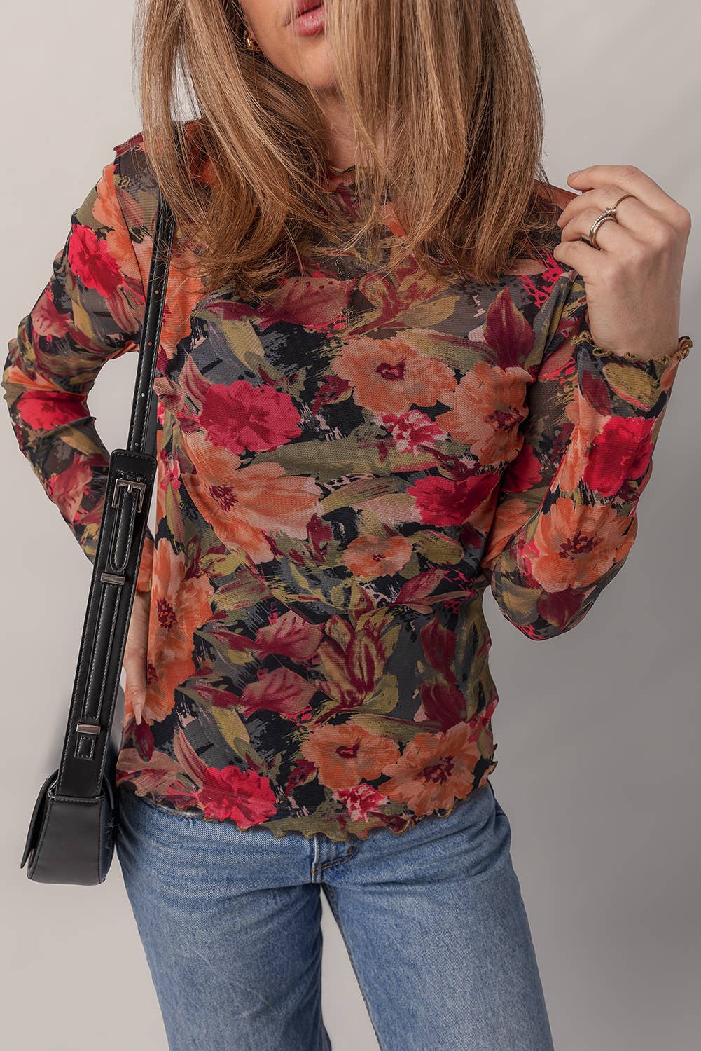 Floral Print Lettuce Trim Long Sleeve Mesh Top