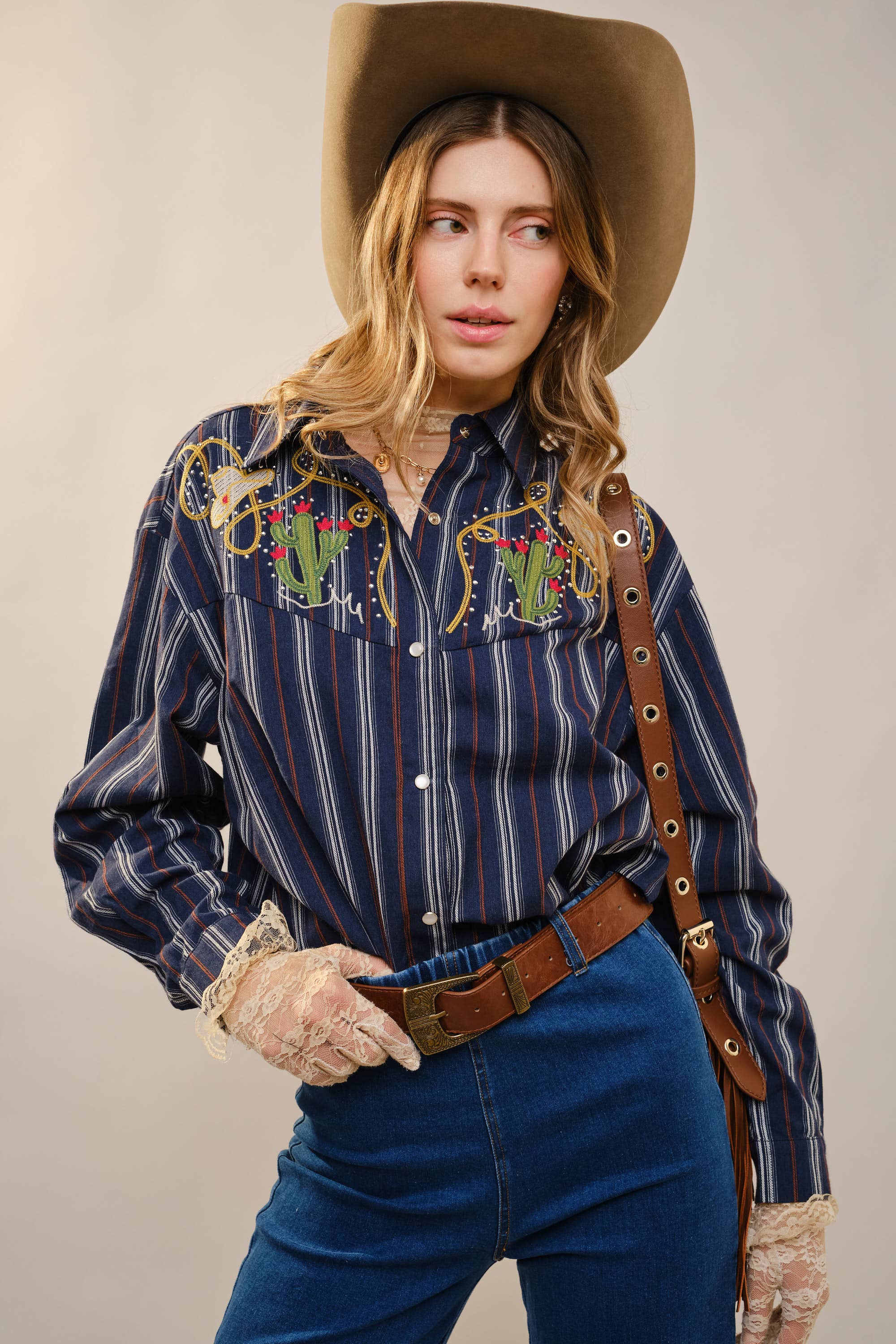 36989T Embroidered Western Yoke Striped Shirt