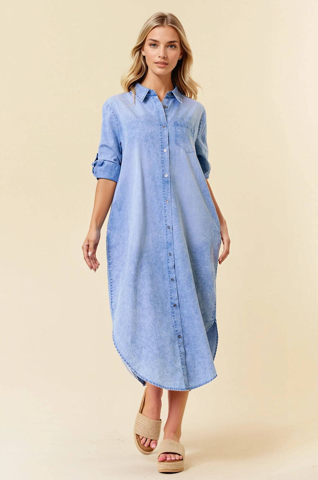ROLL TAB 3/4 SLEEVE TENCEL DENIM SHIRT MIDI DRESS