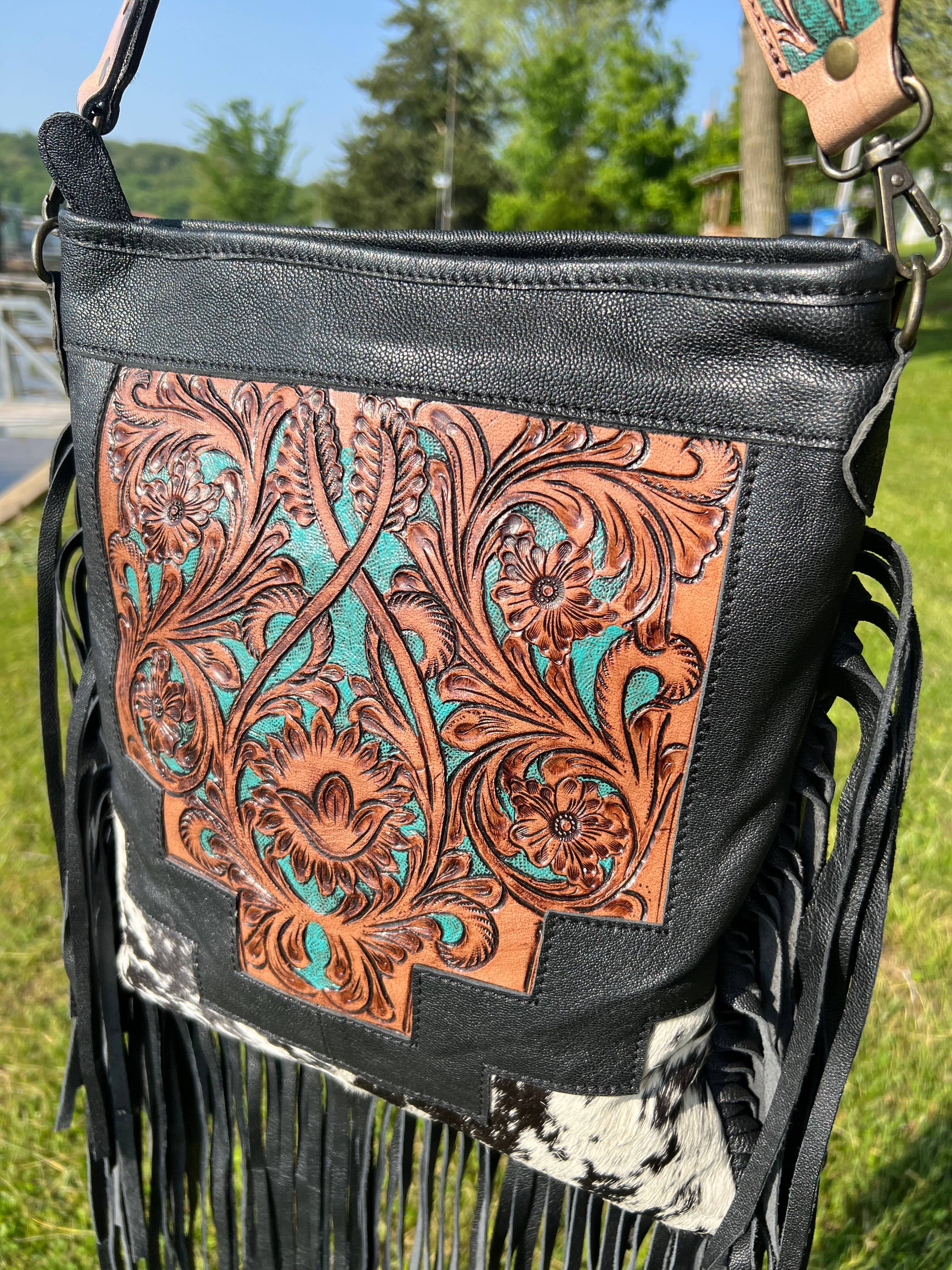 Western Tooled Leather Cowhide Purse - Large Buckle Handbag