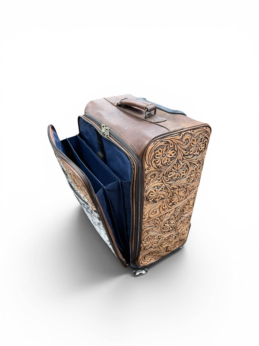 Tan tooled leather & cowhide luggage 