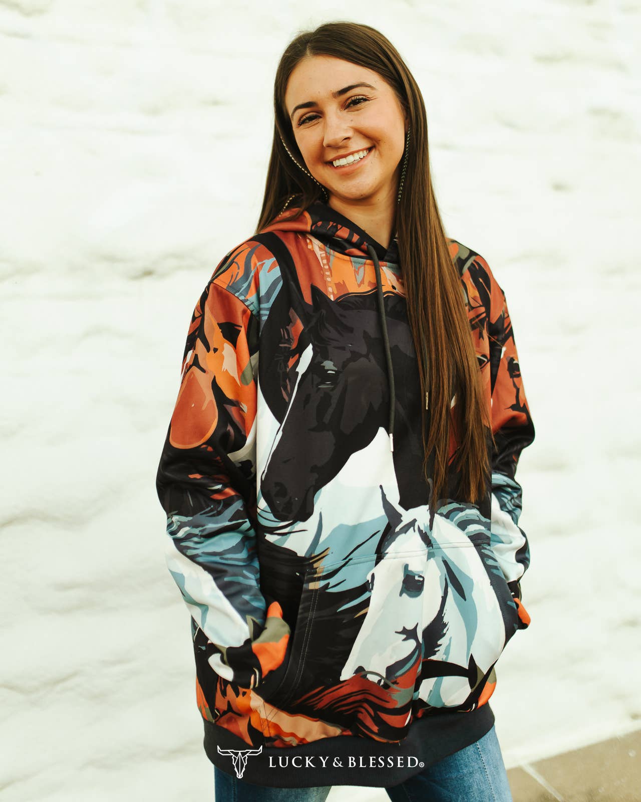 Black Horse Collage Printed Drawstring Hoodie