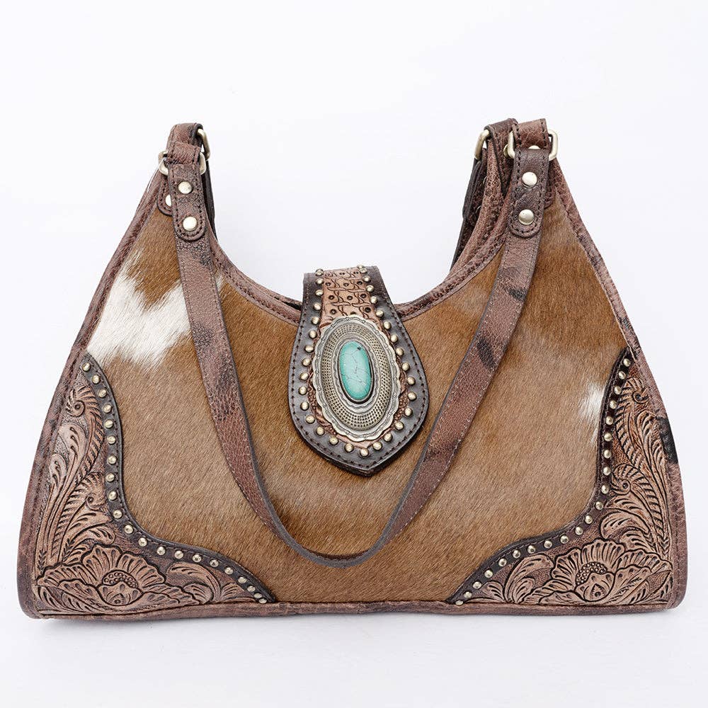 Tooled Leather Hair-On Hobo Bag with Turquoise Concho - Western Shoulder Purse