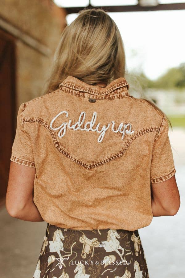 Camel Stretch Denim Pearl Cowgirl and Bow Embroidered Shirt